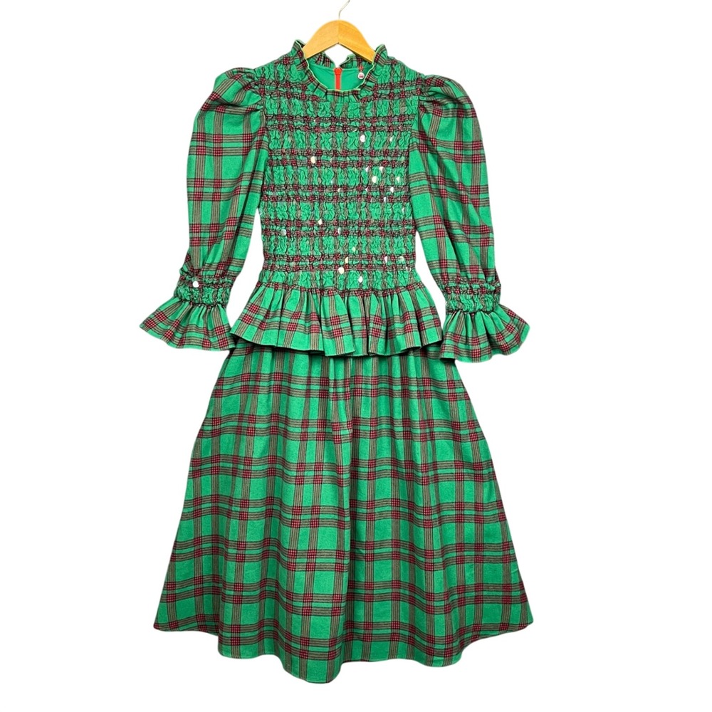 Celia B Houx Dress Womens XS Tartan Plaid Sequin Puff Sleeve Pockets Cottage